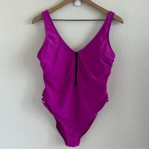 Xhilaration Magenta One Piece Exposed Black Zipper Y2K 90s Swimsuit Scoop Back L